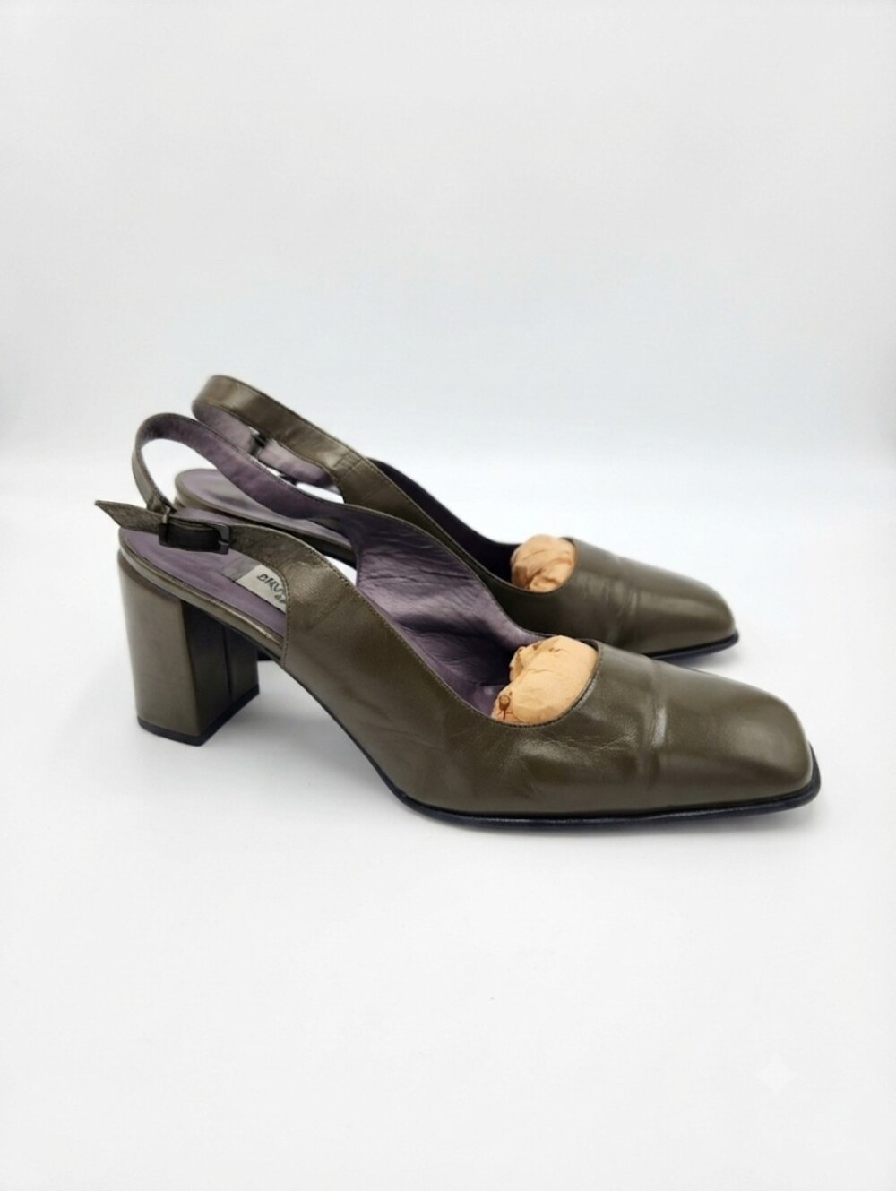Vintage Bruno Magli Olive Green Leather Slingback Block Heels Size 8.5